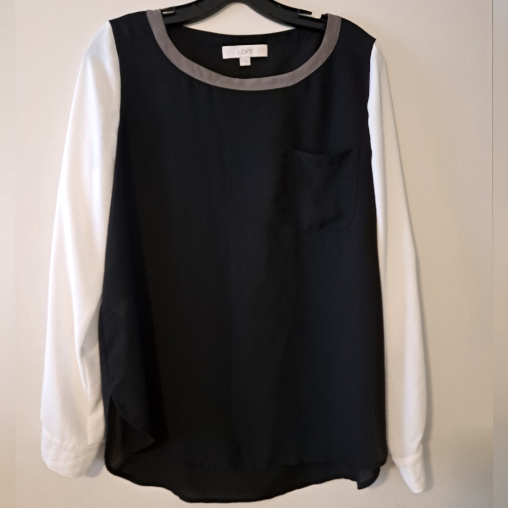 LOFT Long Sleeve Sheer Black and White Top with Pocket